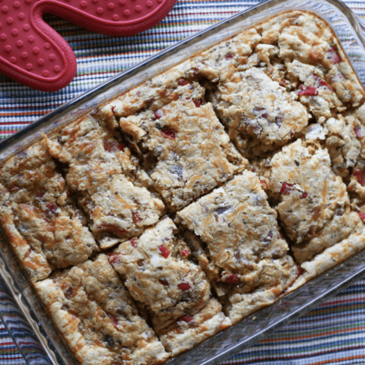 Fluffy egg casserole in a baking dish ready to serve.