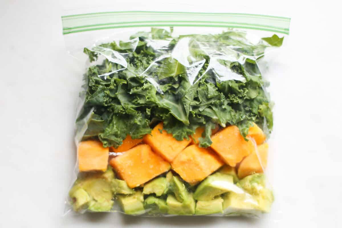 Green machine smoothie pack layered in a ziplock bag. 