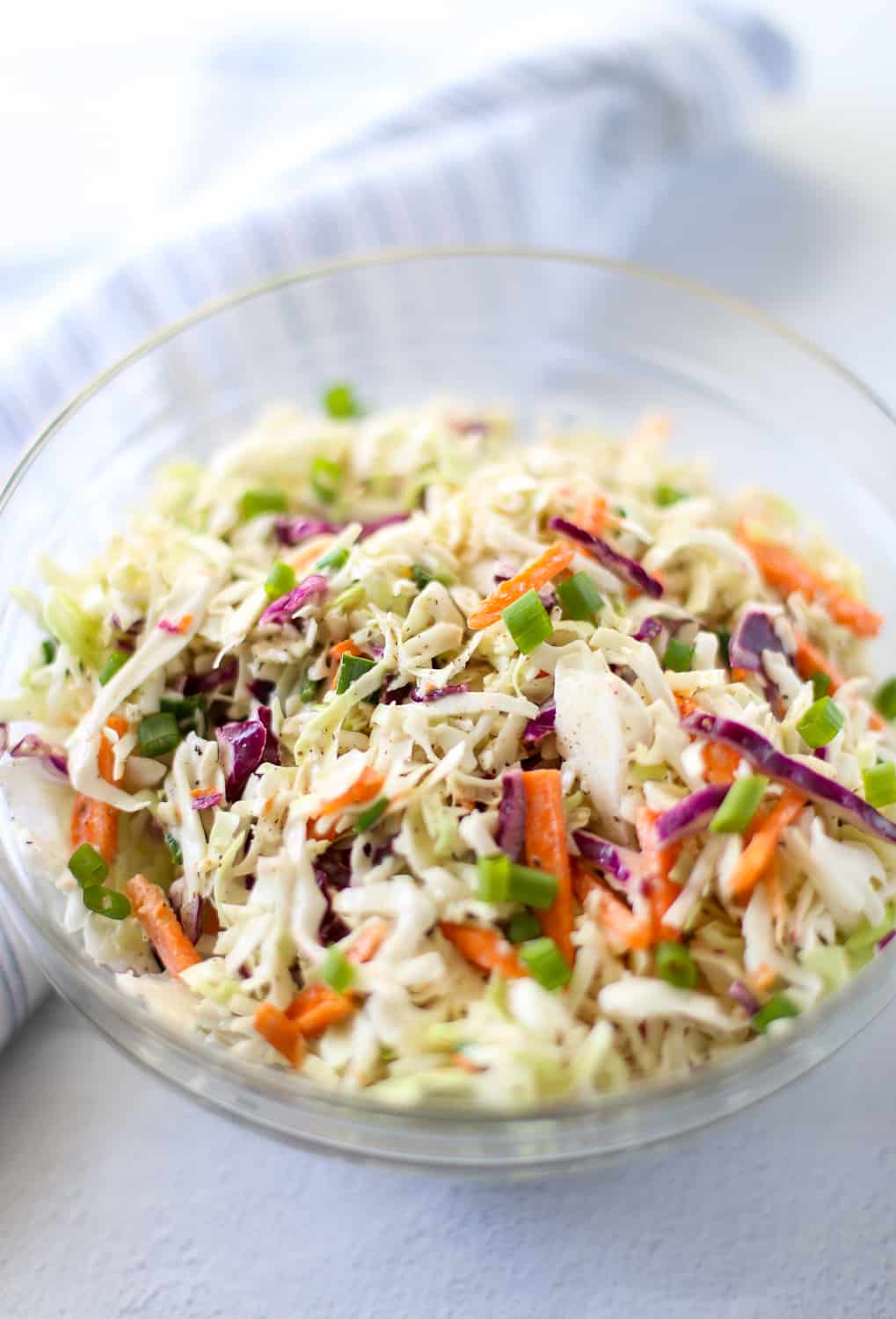 Coleslaw for pulled pork in a glass bowl