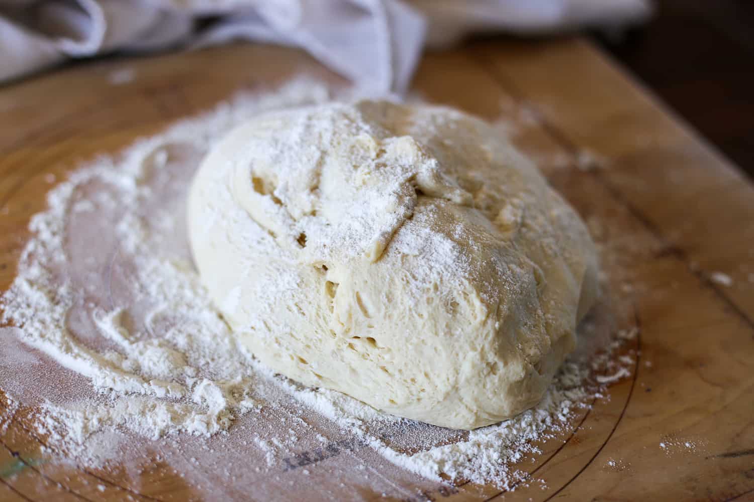 Dough for panini bread with flour sprinkled around and on top.