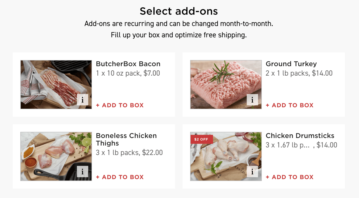 Select add-ons for Butcher Box screenshot.