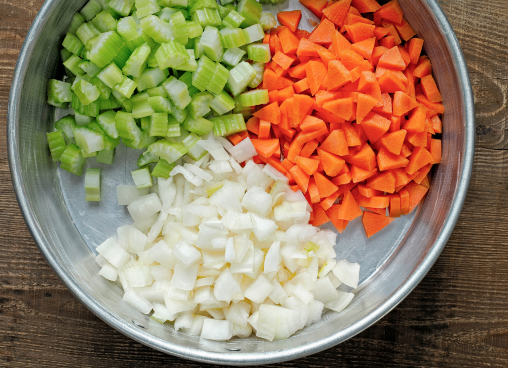 a steel bowl with chopped onions, celery, and carrots