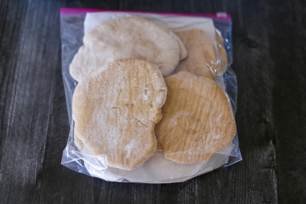 Whole wheat pita bread in a freezer bag