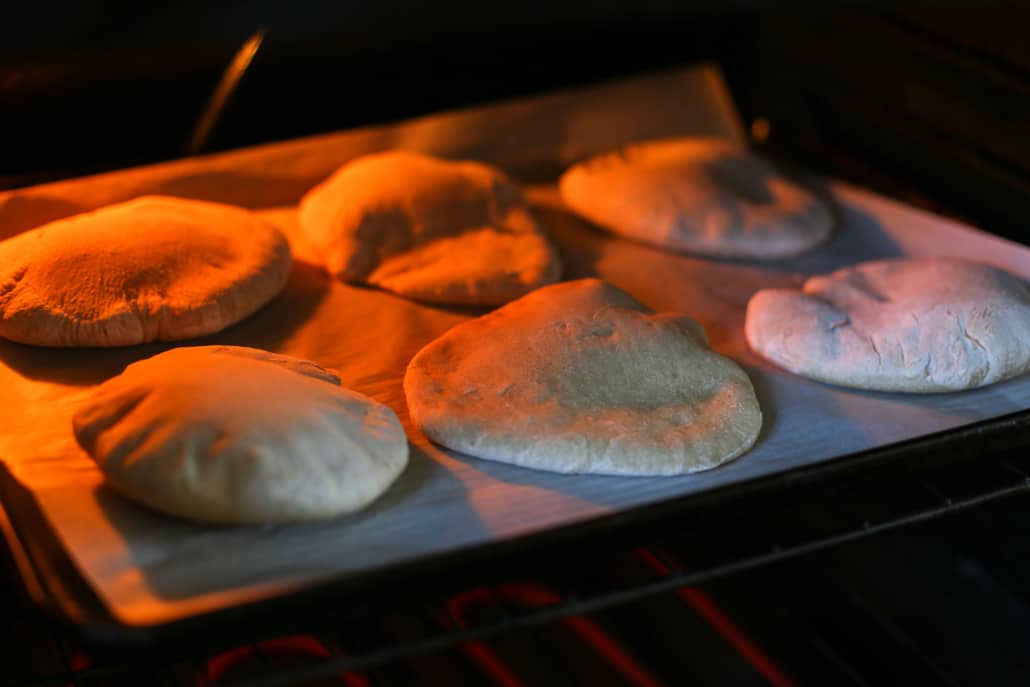 Whole wheat pita bread in the oven