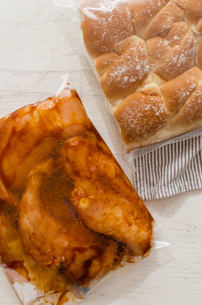 BBQ Chicken Sliders being turned into a freezer meal