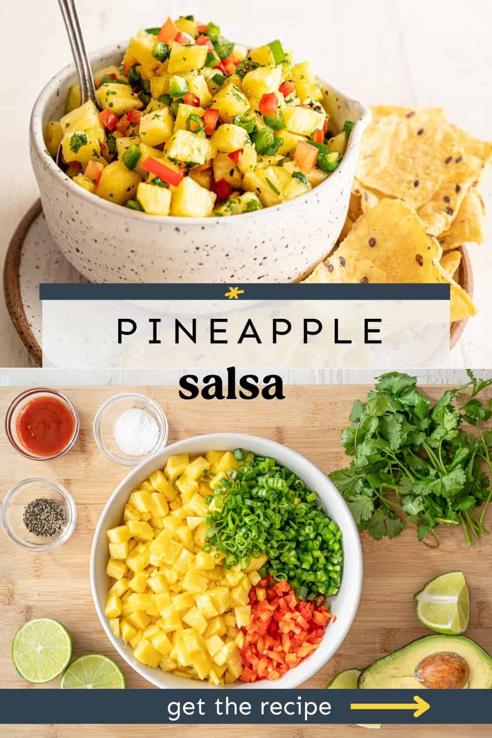 Pineapple salsa ingredients piled separately in a bowl with a second bowl all mixed together.