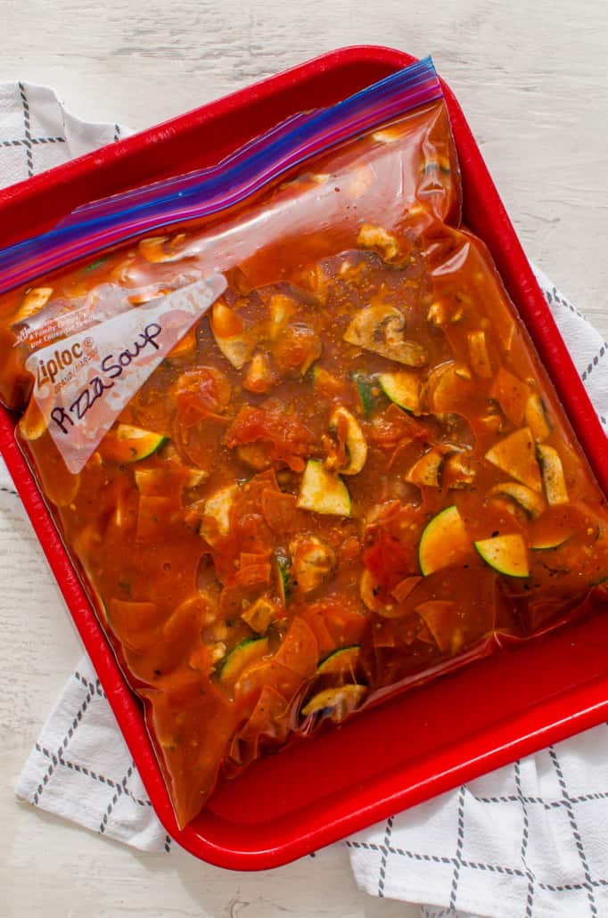 Pizza soup in a freezer bag
