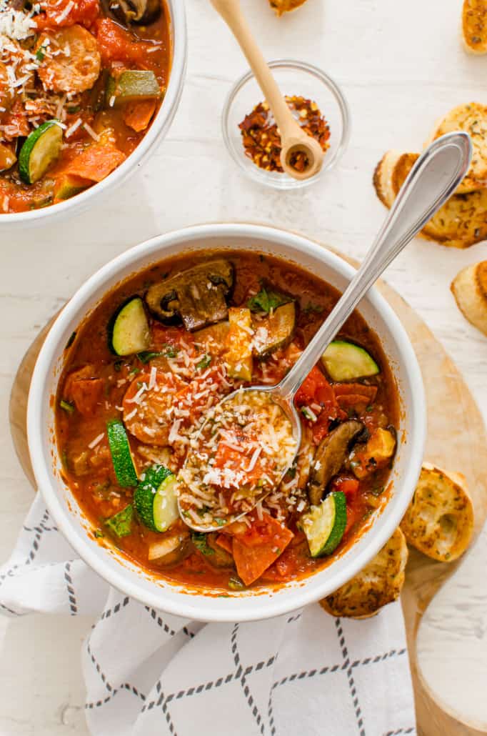 Overhead shot of pizza soup