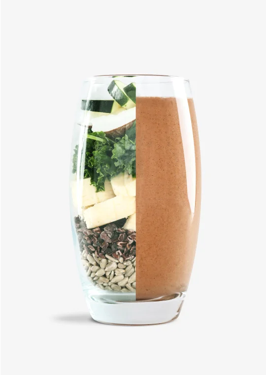 Stock photo of Cacao smoothie from SmoothieBox showing ingredients on one side and blended smoothie on the other side.