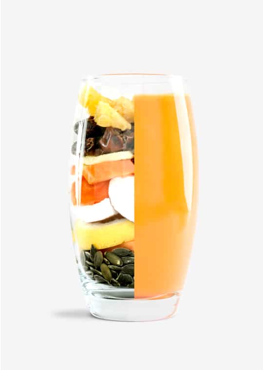 Stock photo of Clementine smoothie from SmoothieBox showing ingredients on one side and the blended smoothie on the other side.