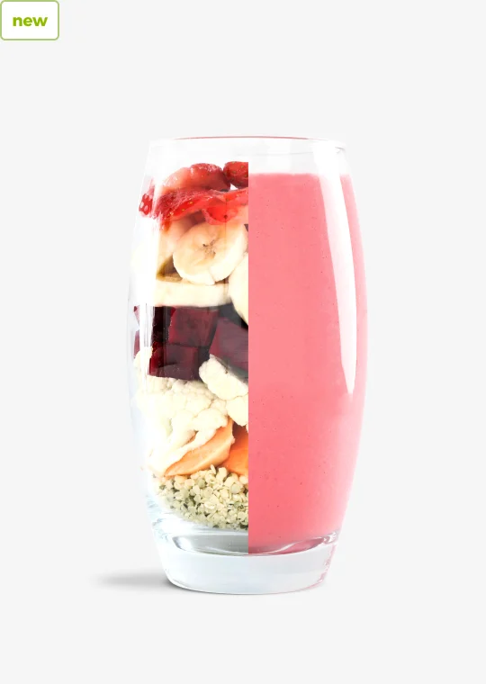 Stock photo of Strawberry Banana smoothie from SmoothieBox showing ingredients on one side and smoothie on the other side.