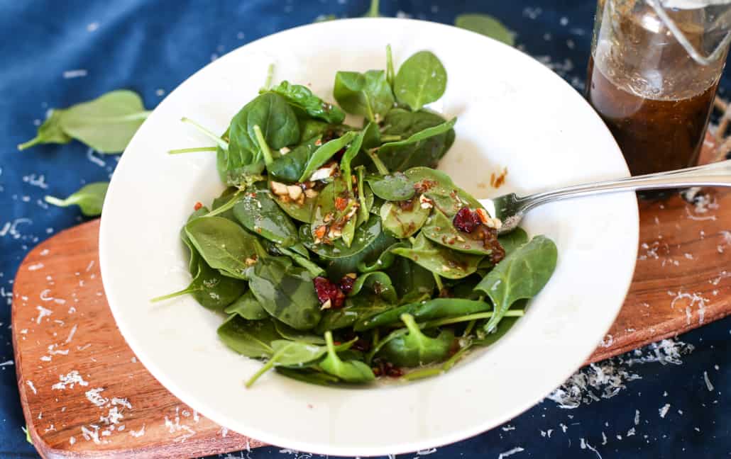 Parmesan Balsamic Vinaigrette over a spinach salad 