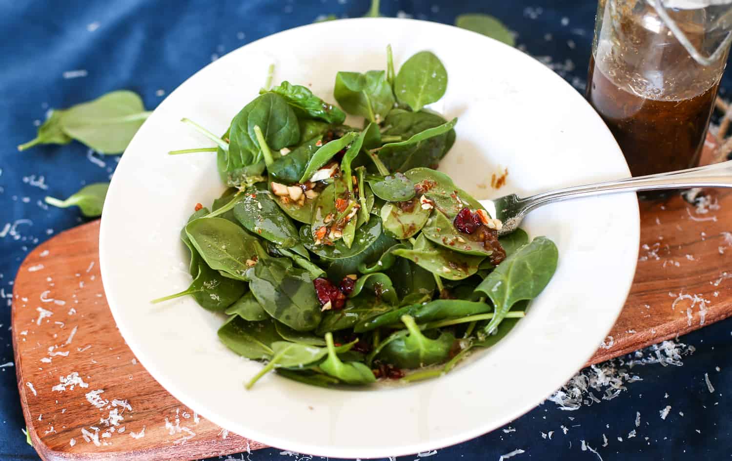 Parmesan Balsamic Vinaigrette over a spinach salad.