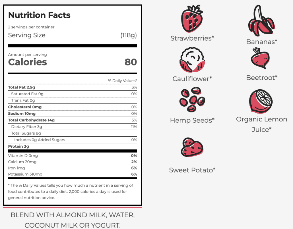 ingredients and nutrition information for the Strawberry Banana Smoothie from Smoothie Box