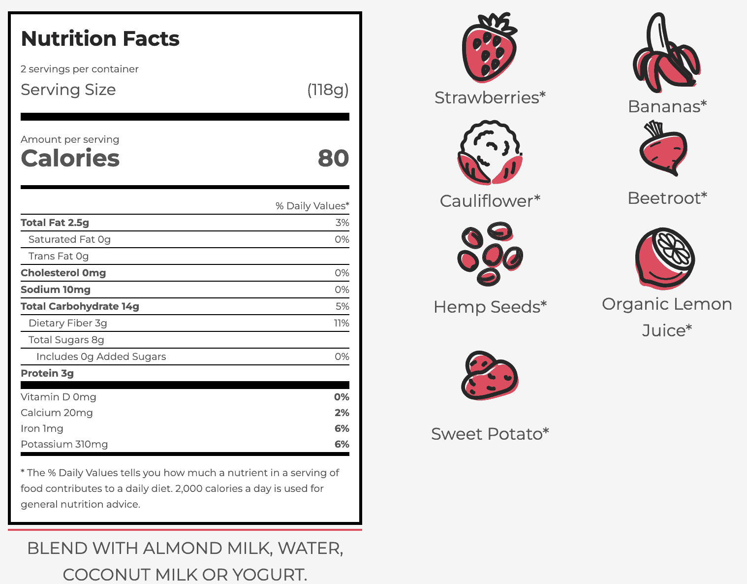 Stock photo of ingredients and nutrition information for the Strawberry Banana Smoothie from SmoothieBox.