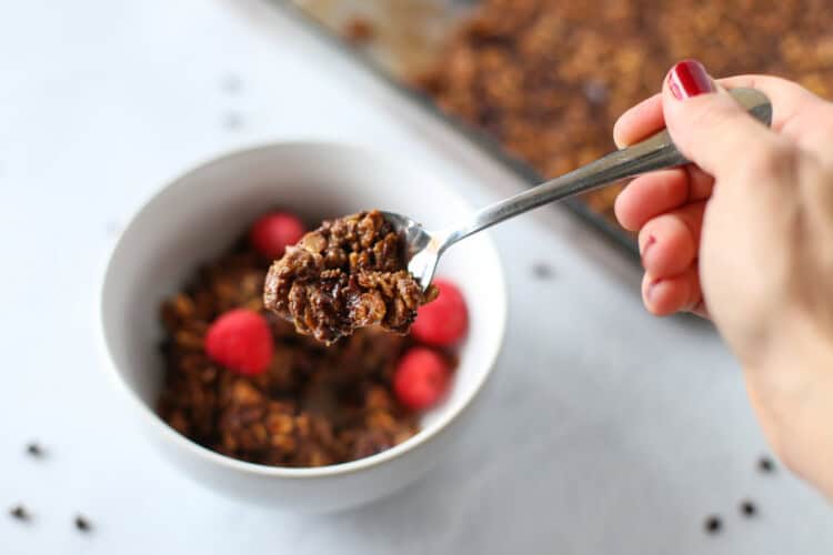 A white bowl with chocolate oatmeal and raspberries.