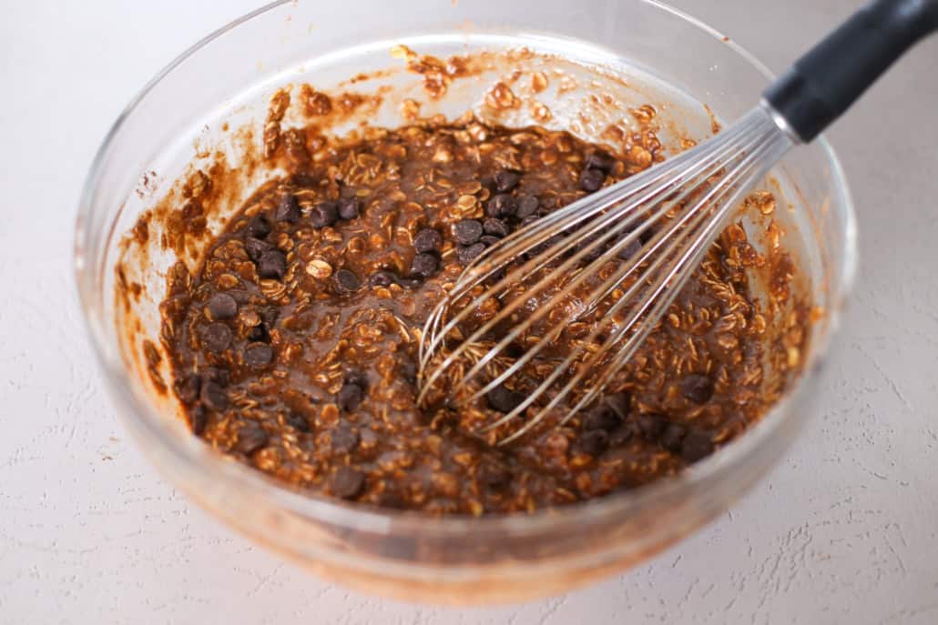 chocolate baked oatmeal batter in a mixing bowl