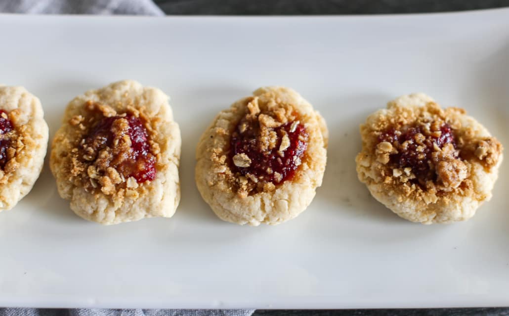 Raspberry crumble cookies on a line