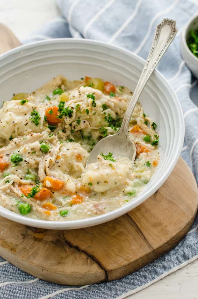 angle shot of chicken and dumplings made in the Instant Pot