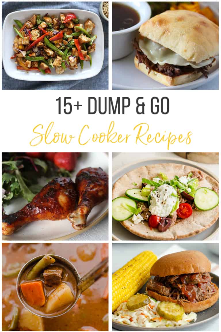 Collage of dump-and-go slow cooker meals.