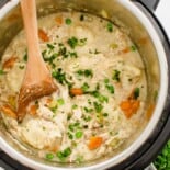 Instant Pot Chicken and Dumplings with chopped parsley sprinkled on top ready to be served.