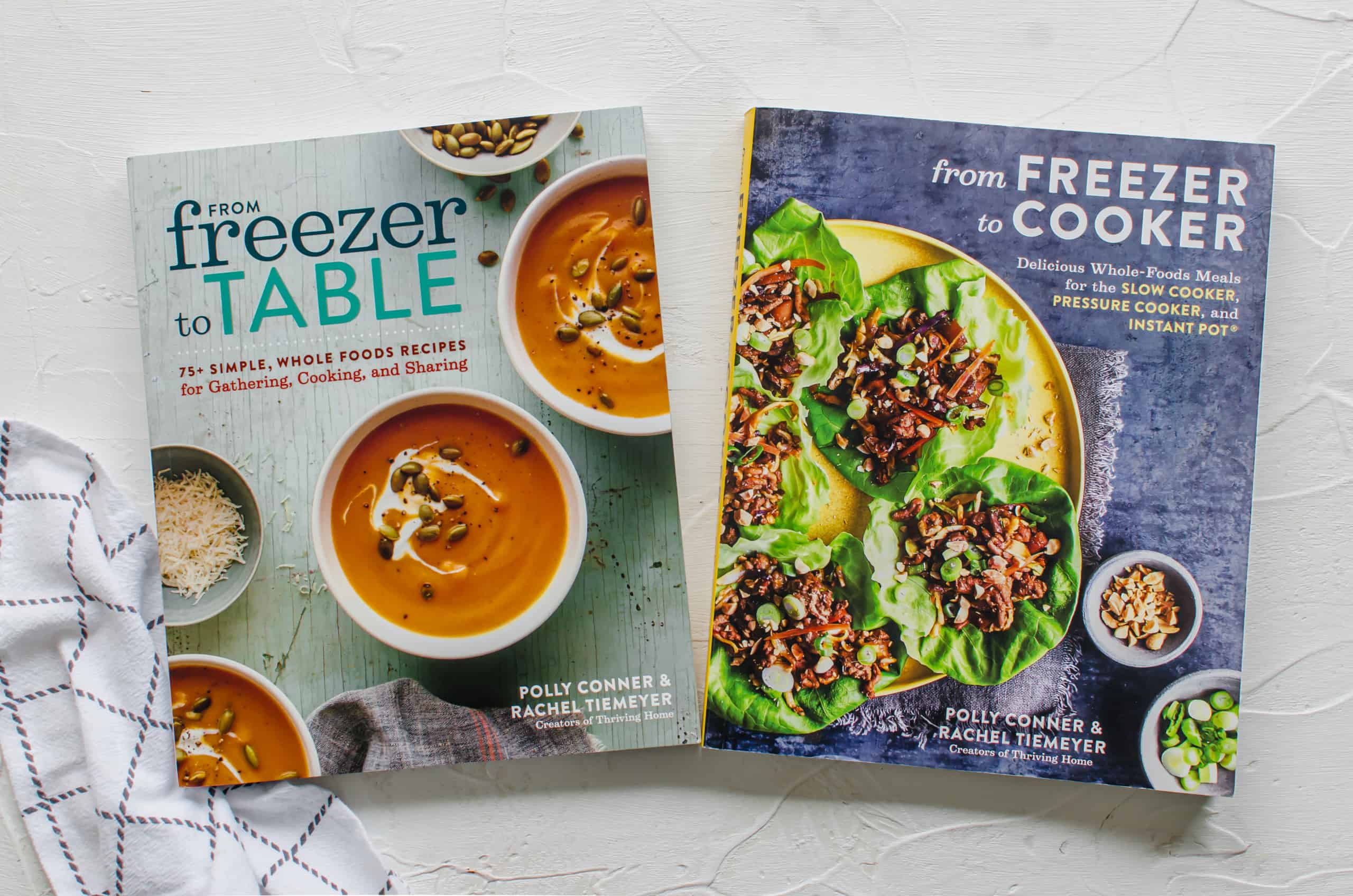Freezer Meal cookbooks: From freezer to table and from freezer to cooker sid by side on a counter top.
