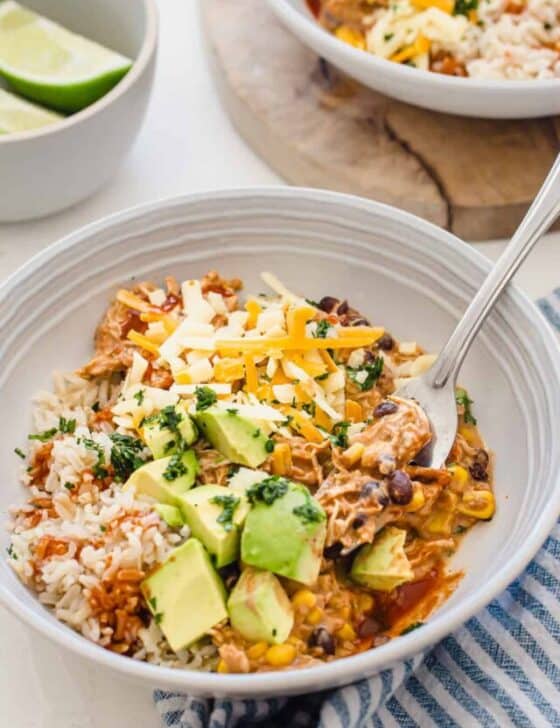A bowl of Mexican Shredded Chicken with toppings and a fork.