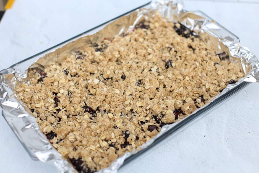 Crumble topping on a blueberry dessert