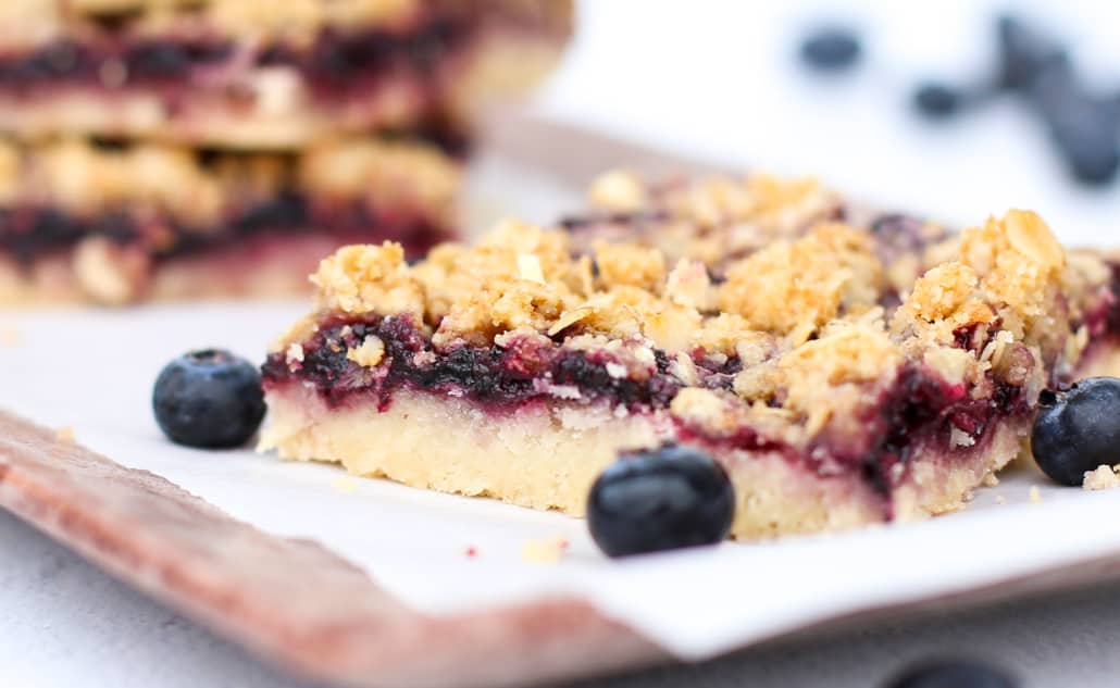 Close up on a piece of blueberry crumble