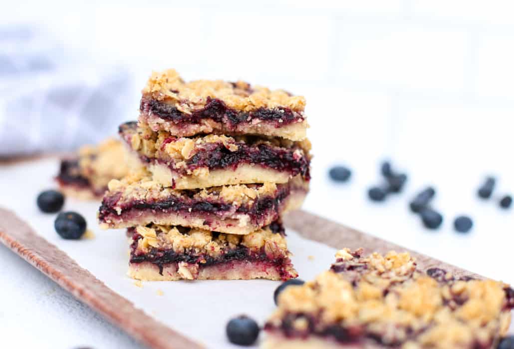 A stack of blueberry crumble bars