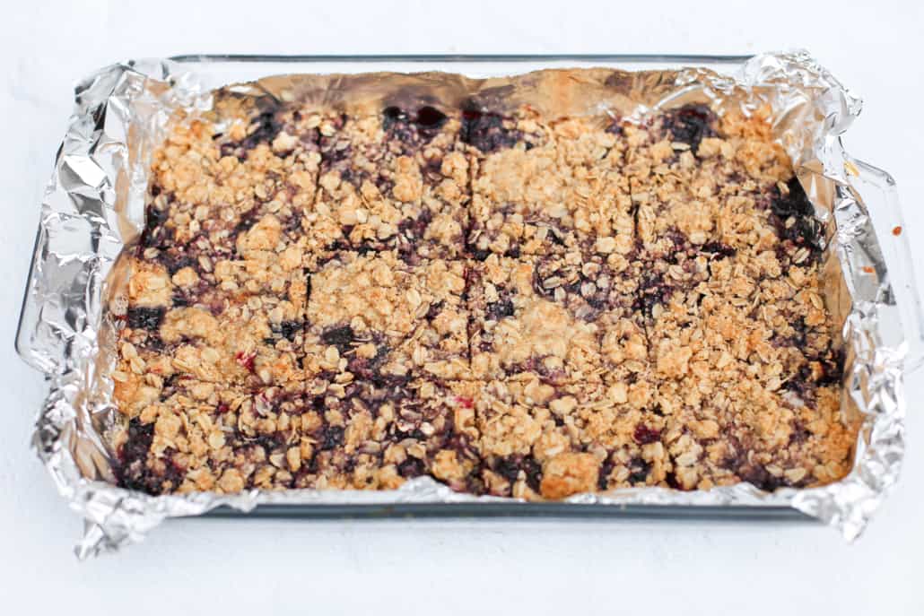 Blueberry Crumble sliced into bars