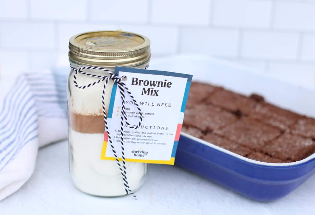 Brownie mix in a mason jar with printable tag