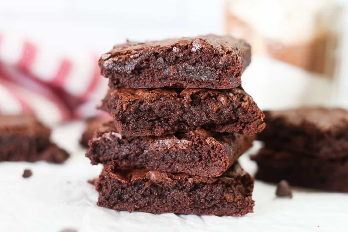 Double chocolate brownies stacked up. 