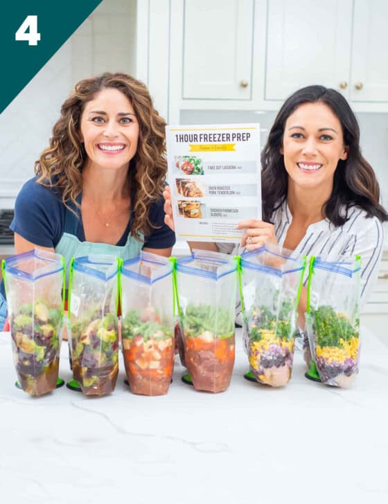 Two moms with 6 freezer meals in freezer bags on a counter.