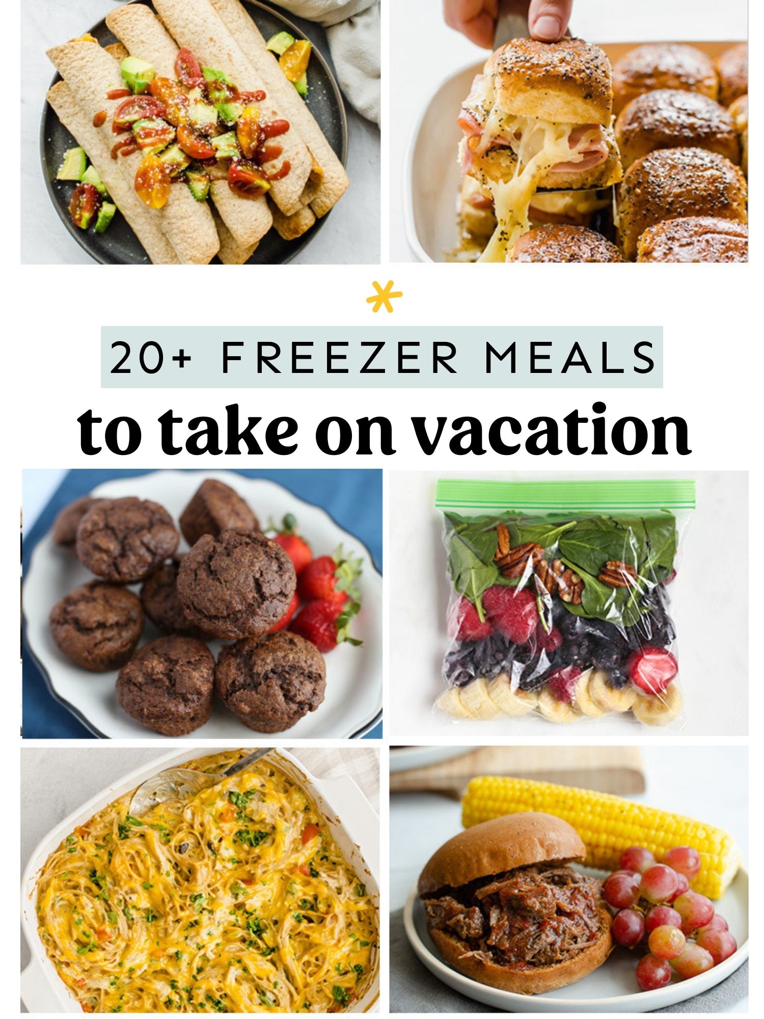 Collage of freezer meals to take on vacation.
