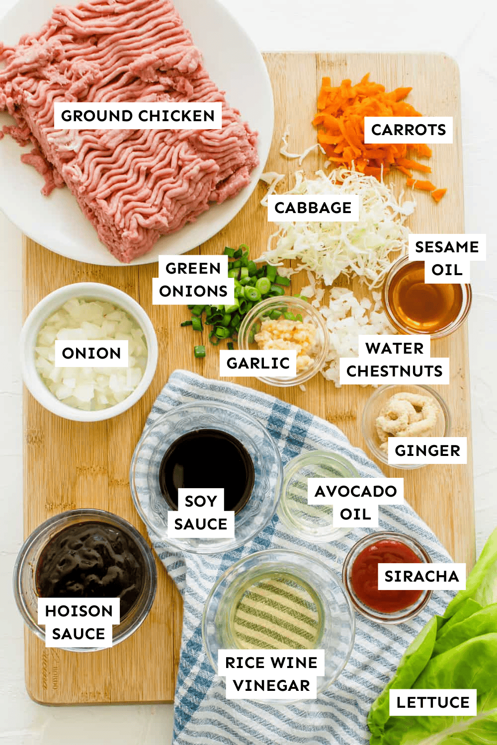 Chicken lettuce wrap ingredients measured out and labeled.
