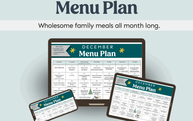 December monthly meal plan shown on a variety of devices.