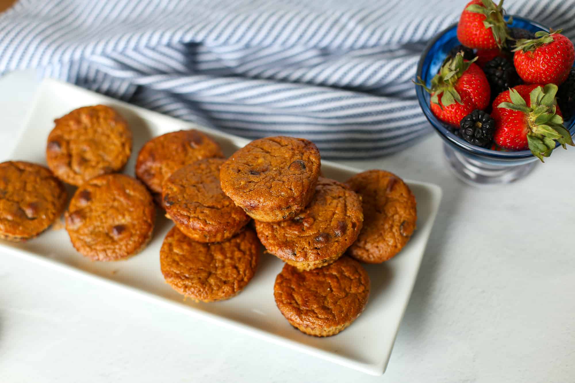 Gluten-free pumpkin muffins lined up on a serving platter. 