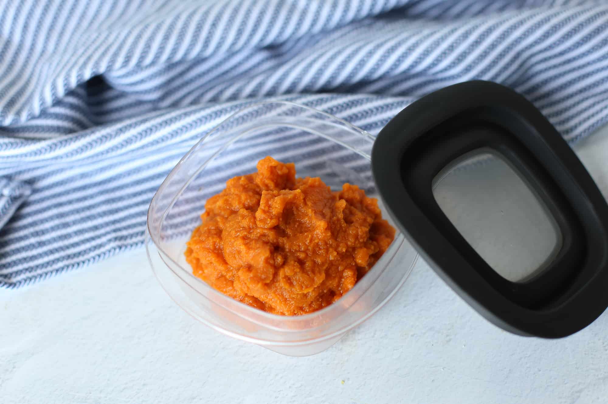 Pumpkin puree in a freezer container.