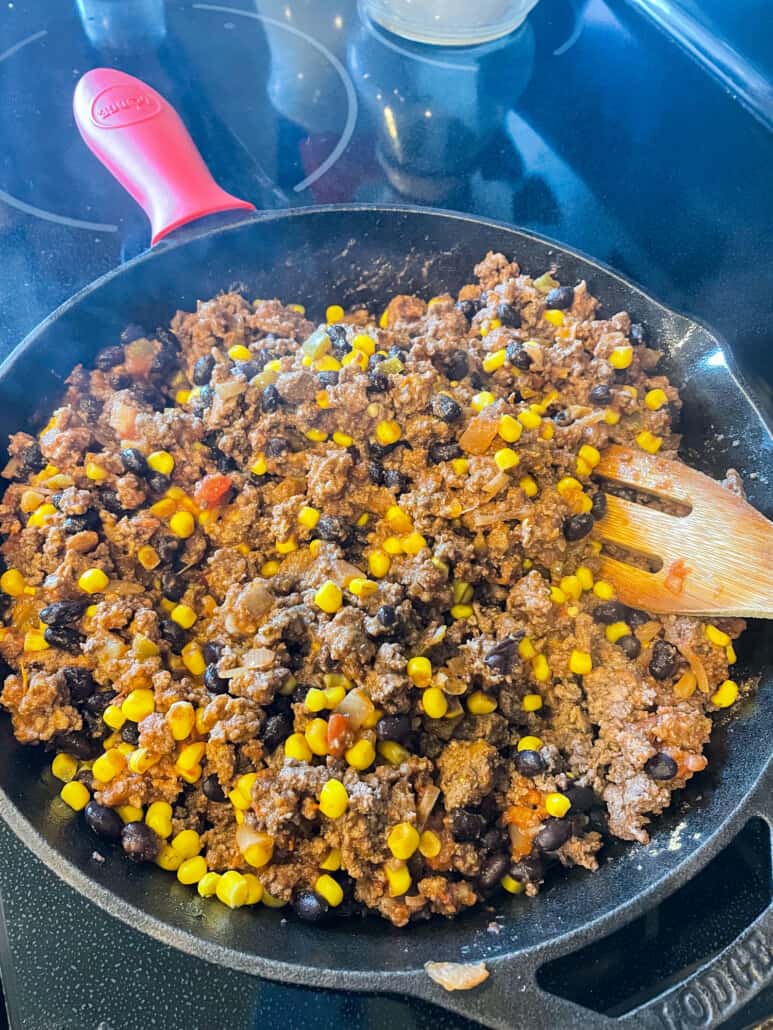 Mixture for beef quesadillas in a cast iron skillet