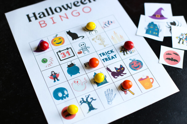 Halloween Bingo Game card with m&m's as markers.