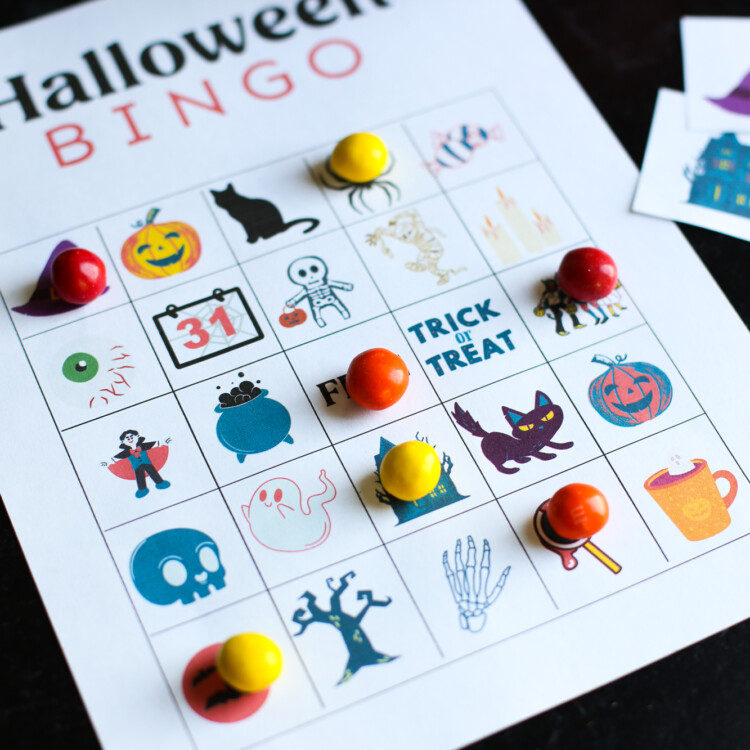 Halloween Bingo Game card with m&m's as markers.