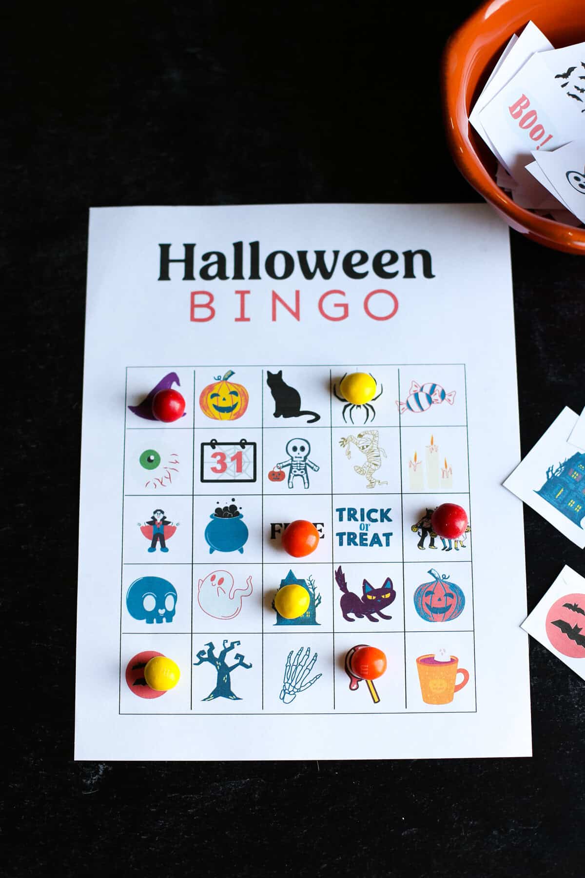 Halloween Bingo Printable with candy as markers.