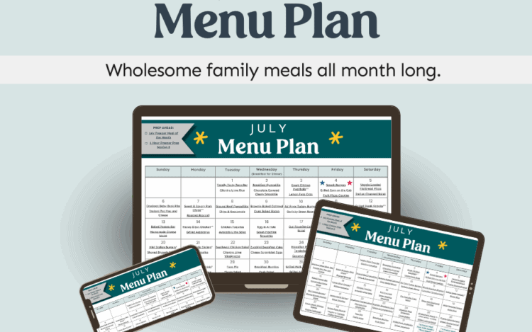 July monthly menu plan showing on different devices.