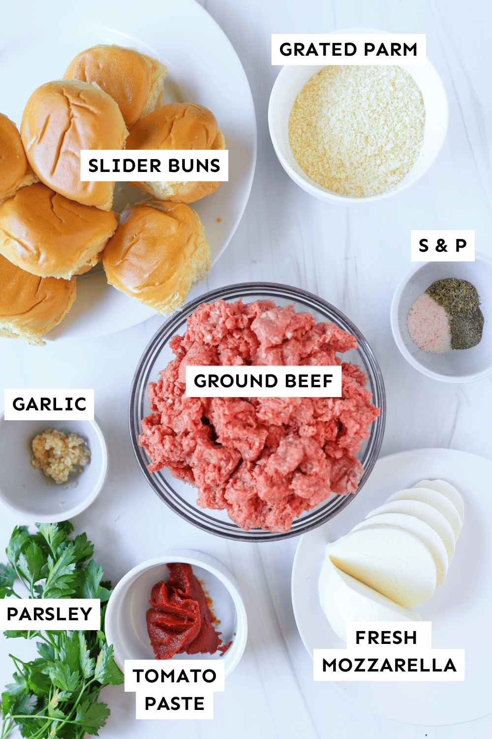 Ingredients for Italian burgers in bowls.