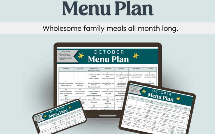 Marketing graphic of monthly menu plan showing on different devices.