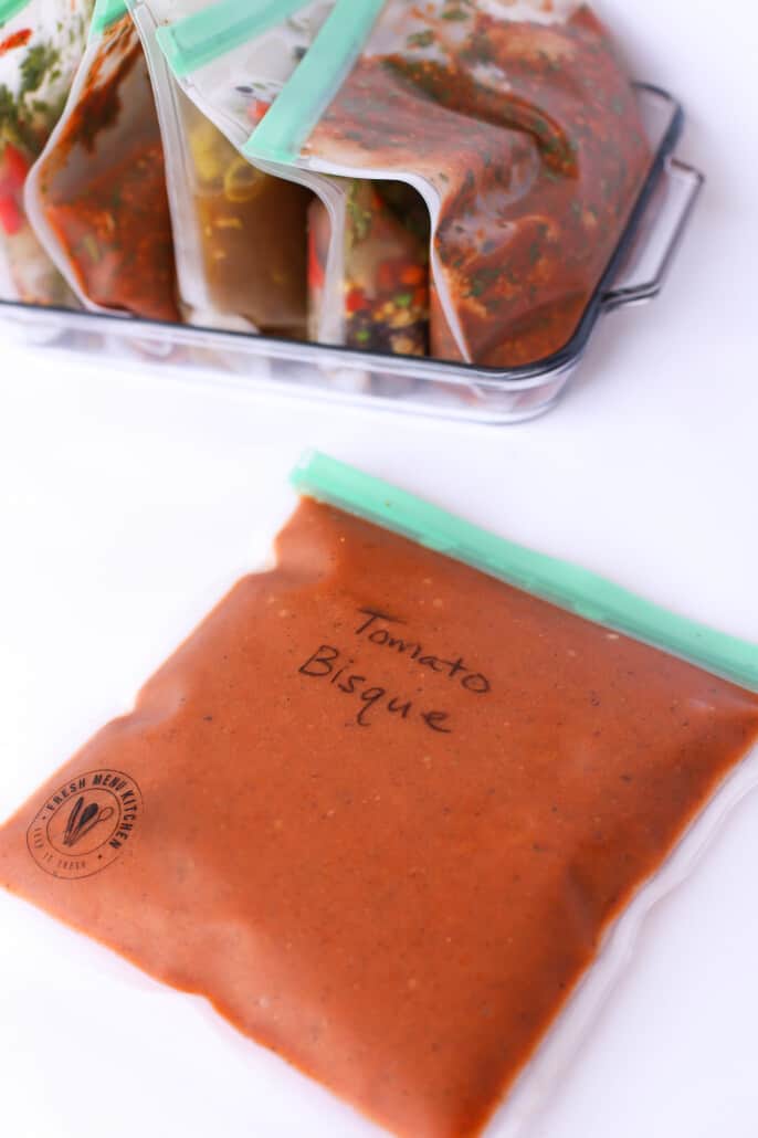 Tomato bisque in a zip top bag