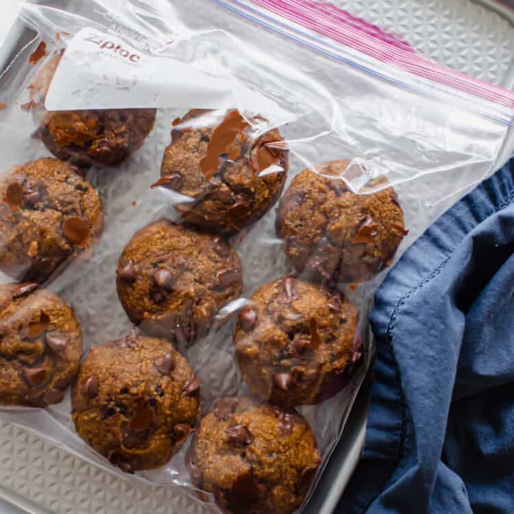 Pumpkin chocolate chip muffins in a freezer bag.