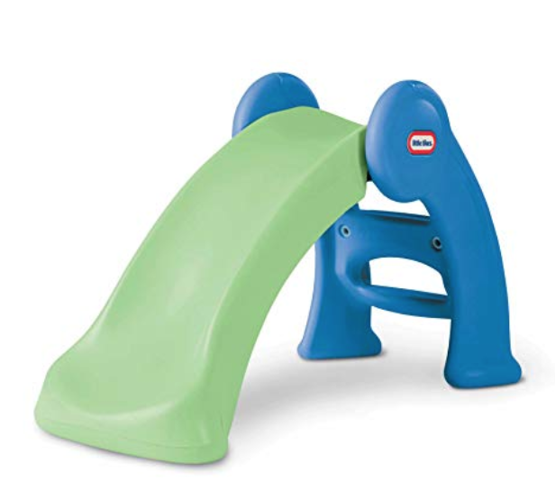 Little Tykes junior play slide in green and blue with three steps before sliding down.