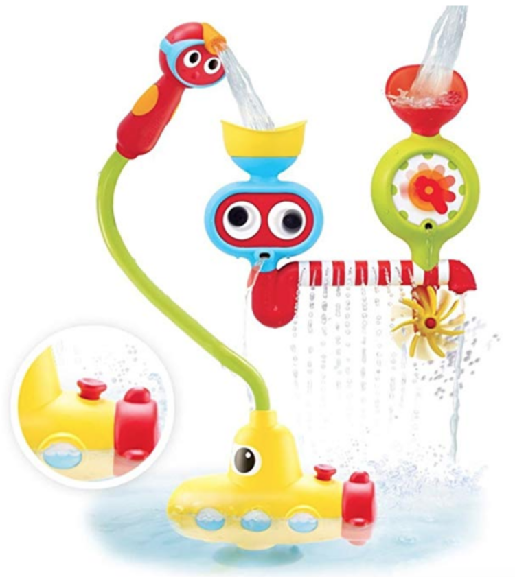 Submarine bath toy that has a hose sticking up from it and shooting water into various parts that move with water flowing through them.